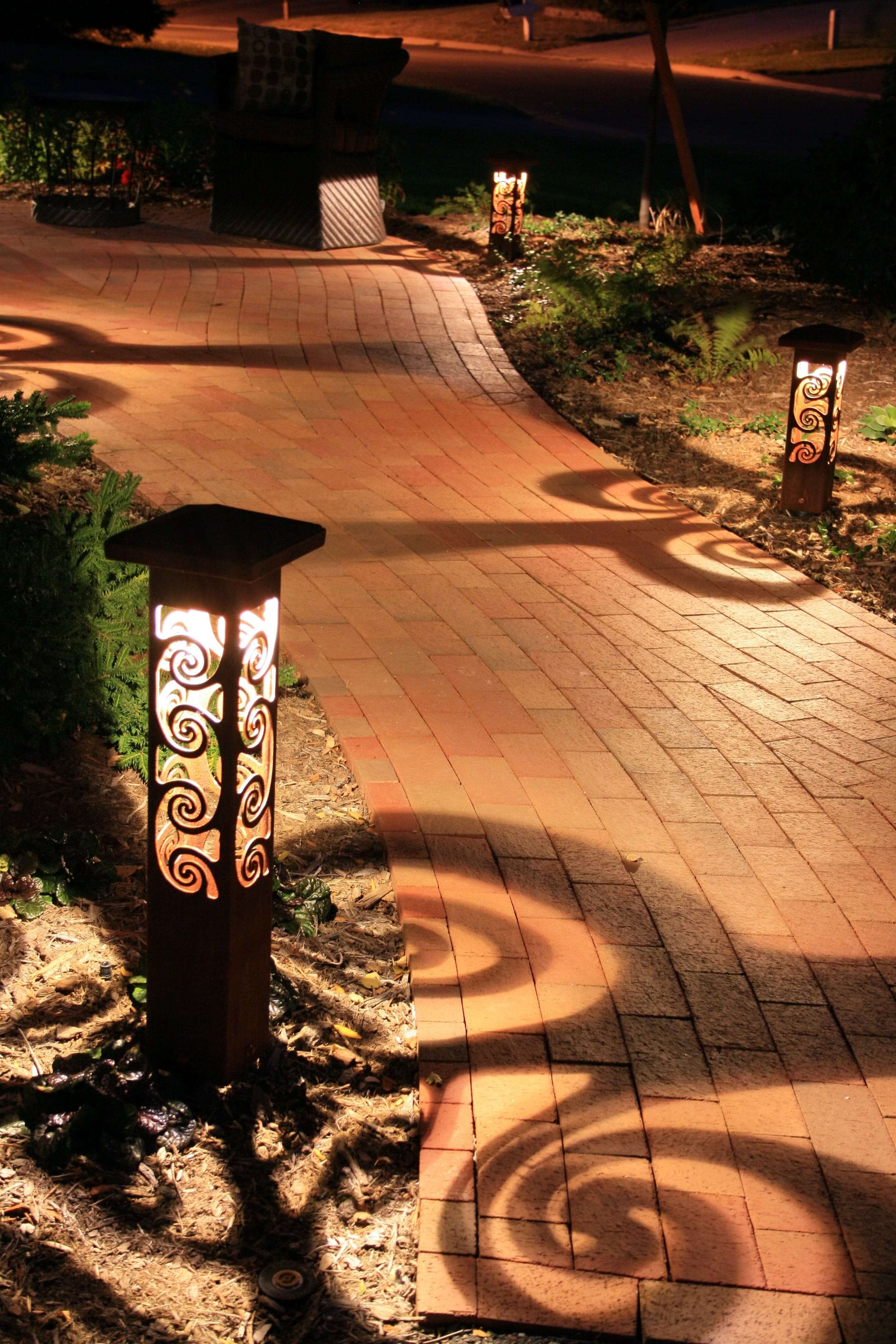 Specialty path lights on walkway